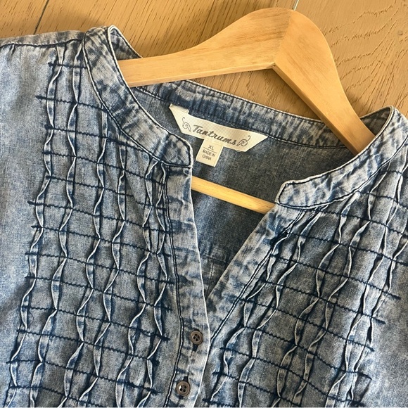 Mineral Wash 100% Cotton Denim Blouse | Pintuck Boho Henley Top XL - Picture 2 of 7